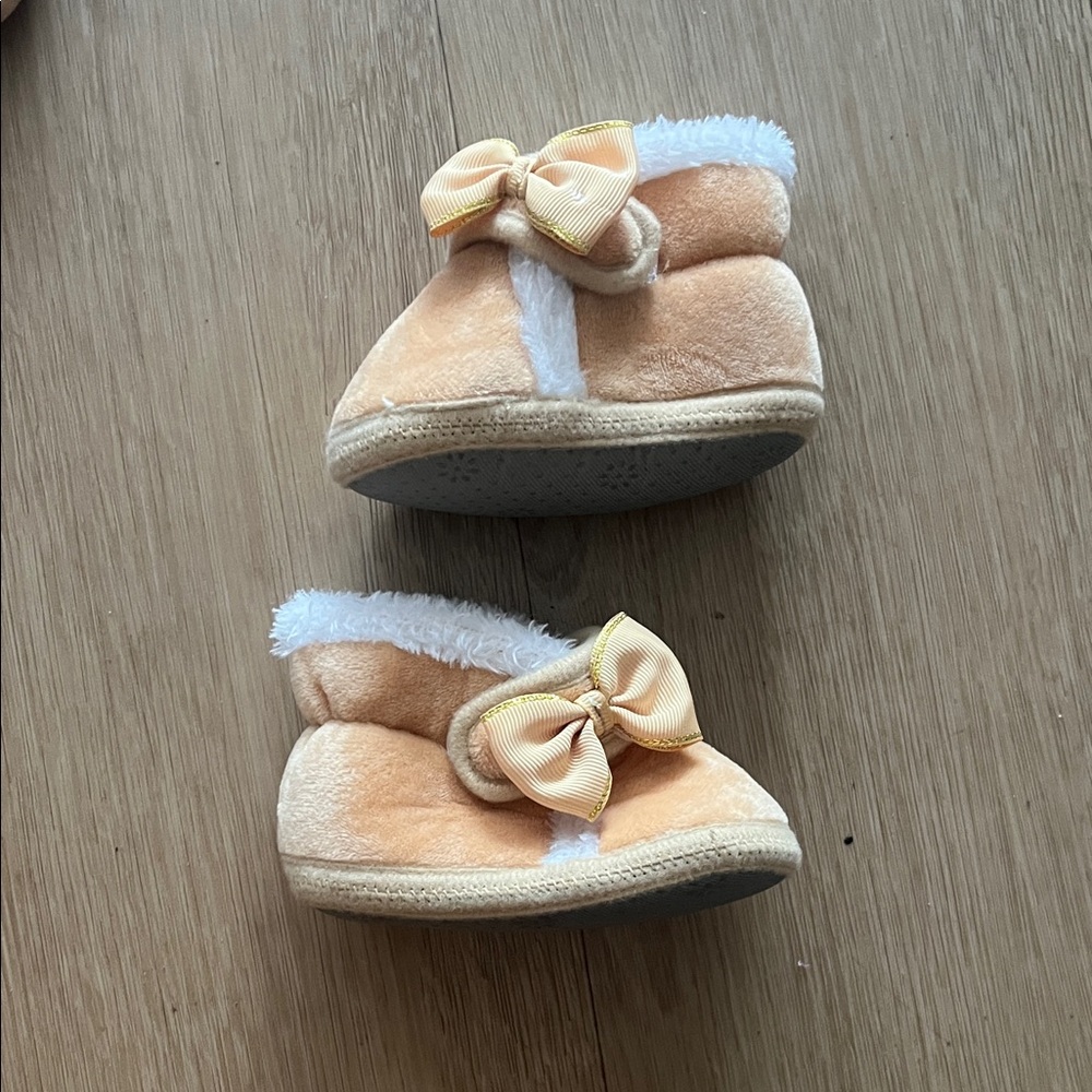 Cozy Tan Baby Booties with Bow